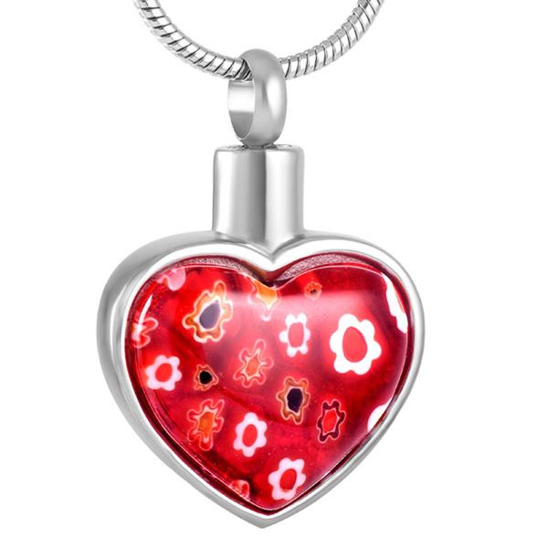 ijd8427 stainless steel cremation red glass heart cremation urn necklace keepsake memorial jewelry urn for ashes with chain jewelry, Silver